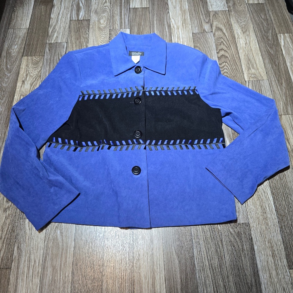 VTG Spago Jacket Womens 10P Blue Black Polyester Spandex Button‎ Up Blazer
